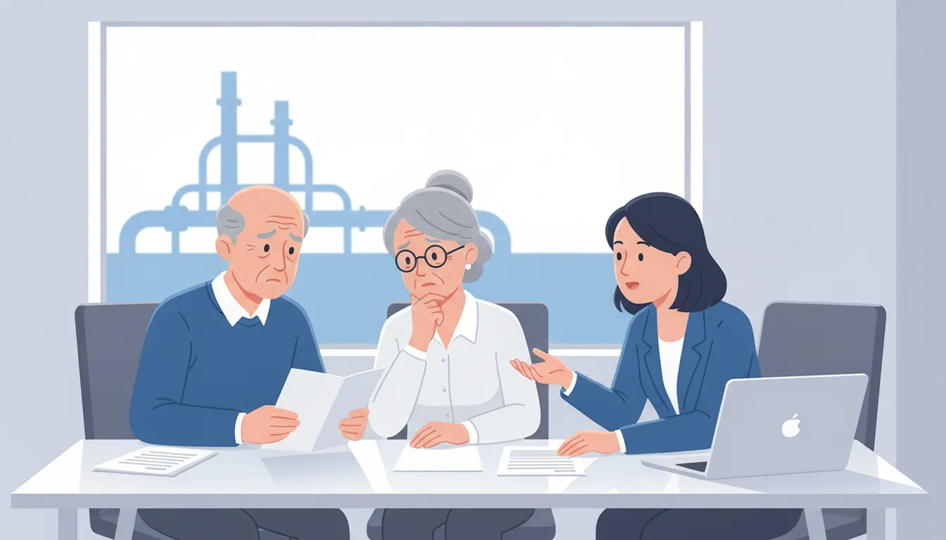 Senior couple reviewing retirement finances with a securities advisor in a bright home office