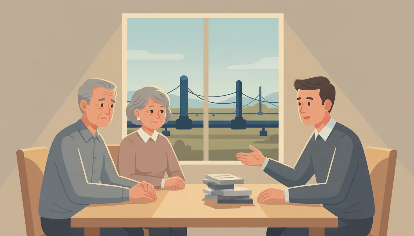Financial advisor speaking with a retired couple reviewing investment documents at a table