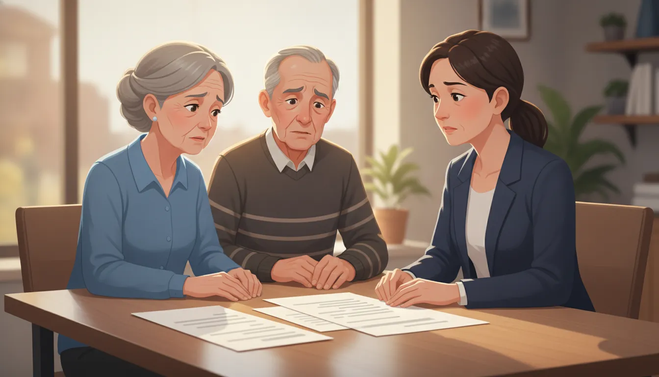 A retired couple reviewing tax documents with an advisor, concerned about an unexpected tax bill