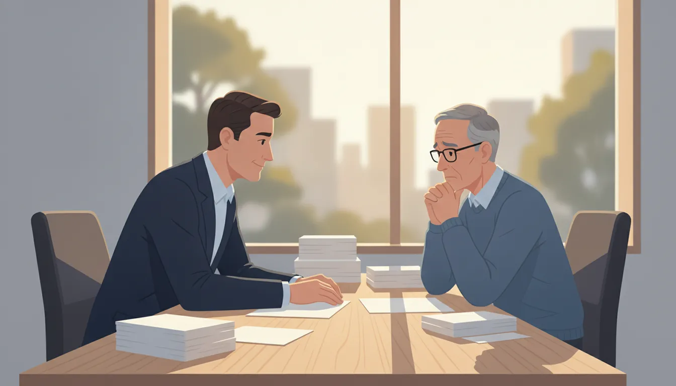 Securities attorney conferring with a worried senior investor about unauthorized outside investments