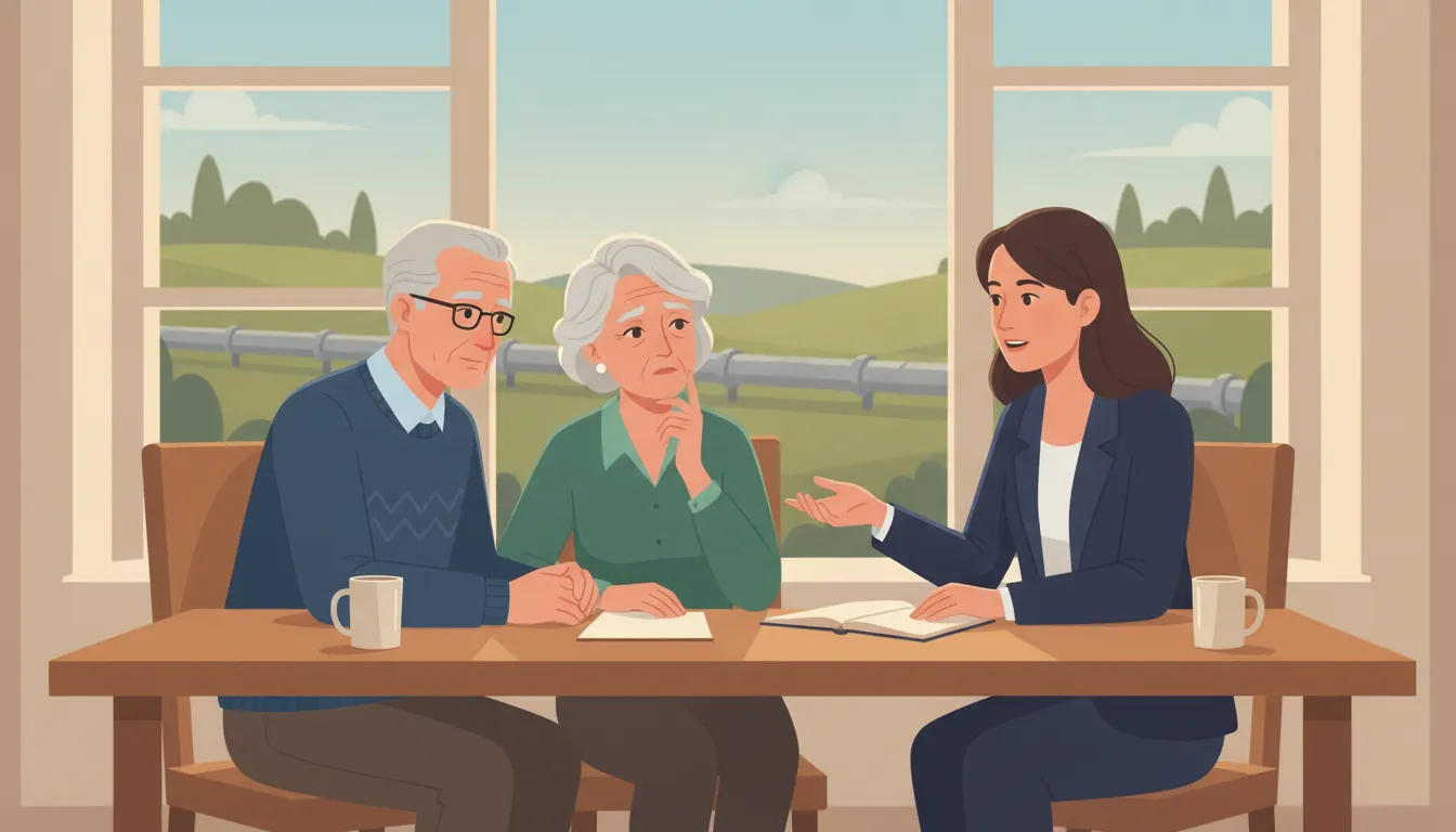 Senior couple reviewing retirement finances with an advisor in a bright home office.
